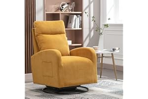 DEOLME 360 Swivel Accent Glider Rocking Chair, Comfy Tufted Upholstered Glider Rocker for Nursery, Modern Armchair with Tall Back and Side Pocket for Living Room, Bedroom (Mustard Yellow)