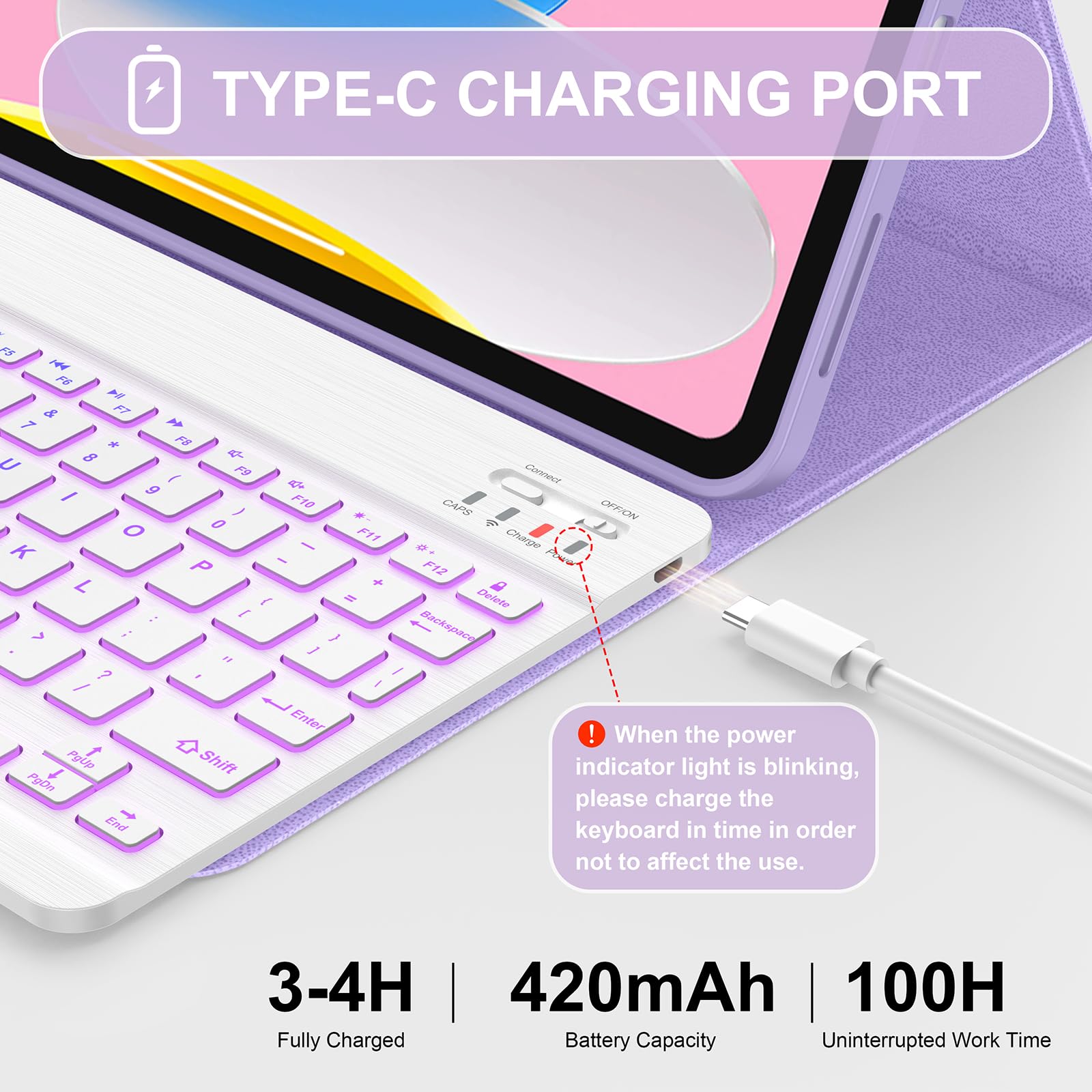 Soke for iPad (A16) 11th/10th Generation Case with Keyboard(2025/2022)-7 Color Backlight Wireless Detachable Folio Keyboard Cover with Built-in Pencil Holder for iPad 11/10.9 inch, Violet Marble