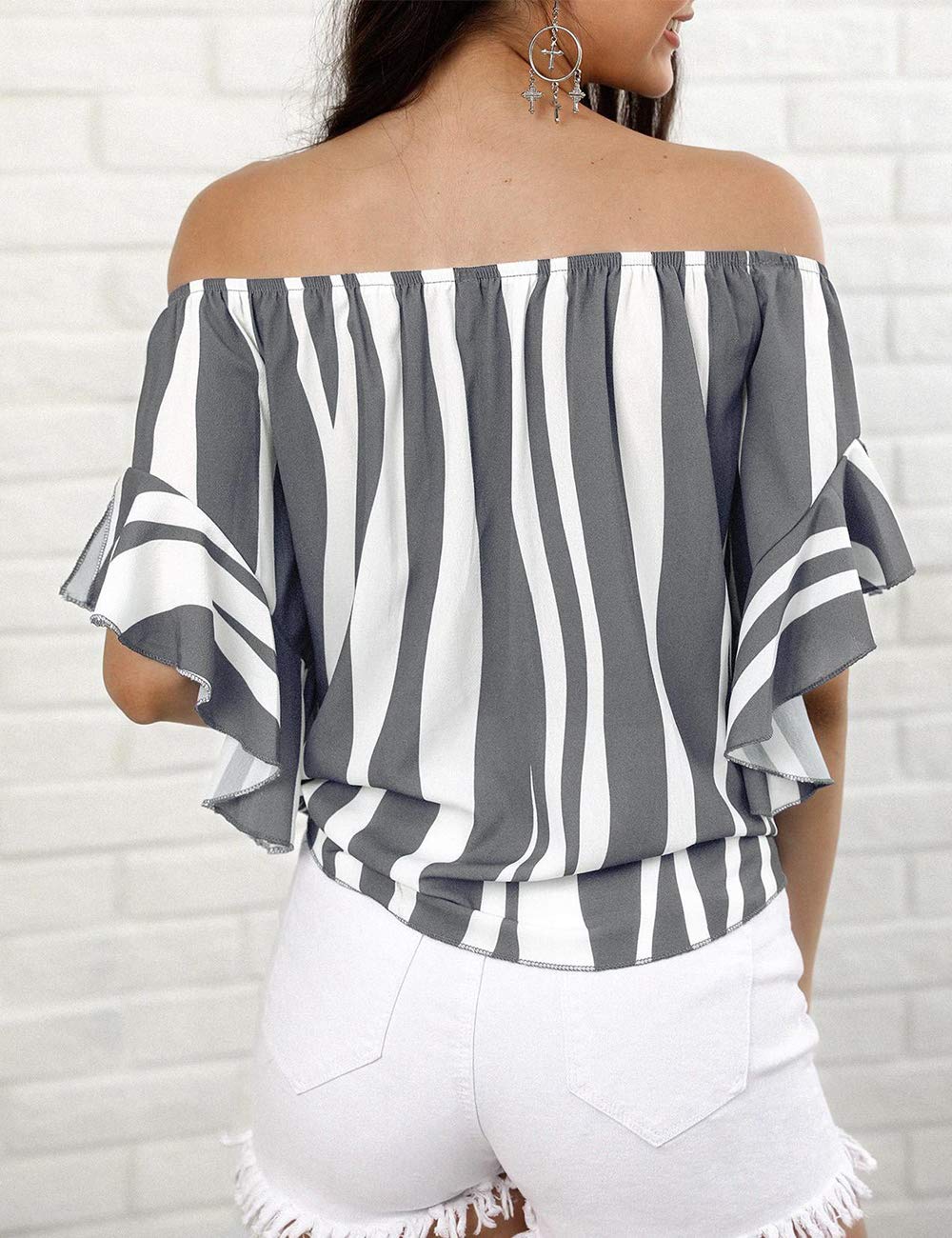 Women\'s Striped Off Shoulder Bell Sleeve Shirt Tie Knot Casual Blouses Tops(Stripe Grey,XL)