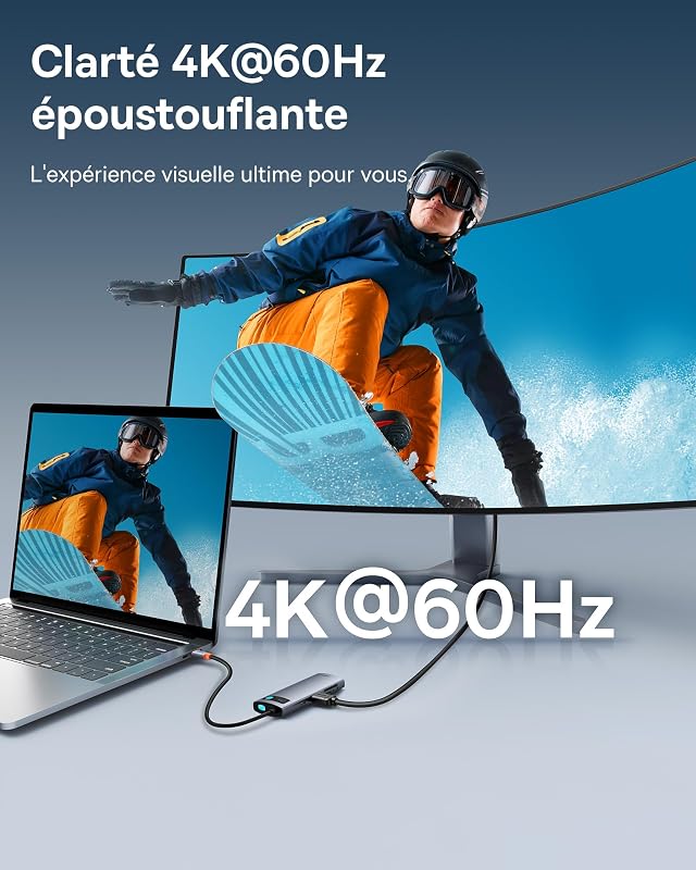 Hub USB C 7 en 1 Adaptateur avec 4K@60Hz HDMI, PD 100W, 3 USB-A 3.0 5Gbps, Lecteur Carte SD/TF, Stations d'accueil pour Ordinateur Portable MacBook/Surface Pro/iPad/Steam Deck/Rog Ally/Samsung