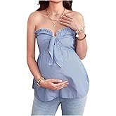 MakeMeChic Women's Maternity Tube Top Striped Strapless Ruffle Trim Summer Pregnancy Bandeau Shirt