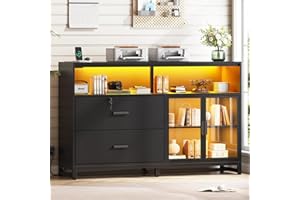 SEDETA 59" File Cabinet, 2 Drawers Filing Cabinets for Home Office fit Legal/Letter/A4 File, File Cabinet with Lock & Power Outlets, Printer Stand with Storage & LED Lights, Black