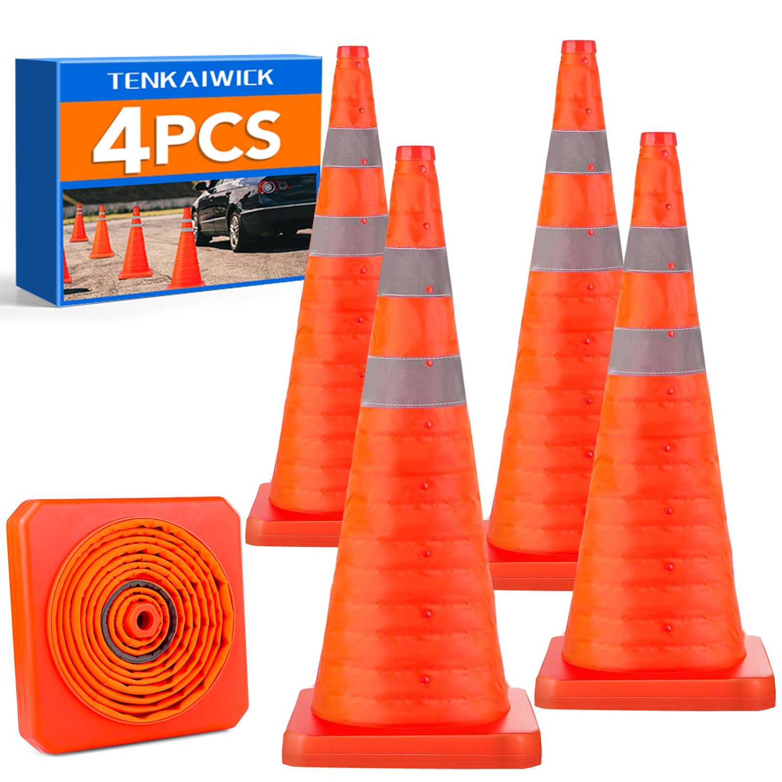 Photo 1 of [4 Pack]28 Inch Collapsible Traffic Safety Cones - Parking Cones with Reflective Collars, Orange Safety Cones for Parking lot, Driveway, Driving Training etc