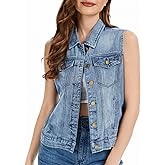 Ellunis Women's Denim Vest Button Down Jacket W Chest Flap Pockets 2025 Washed Distressed Sleeveless Jean Jacket