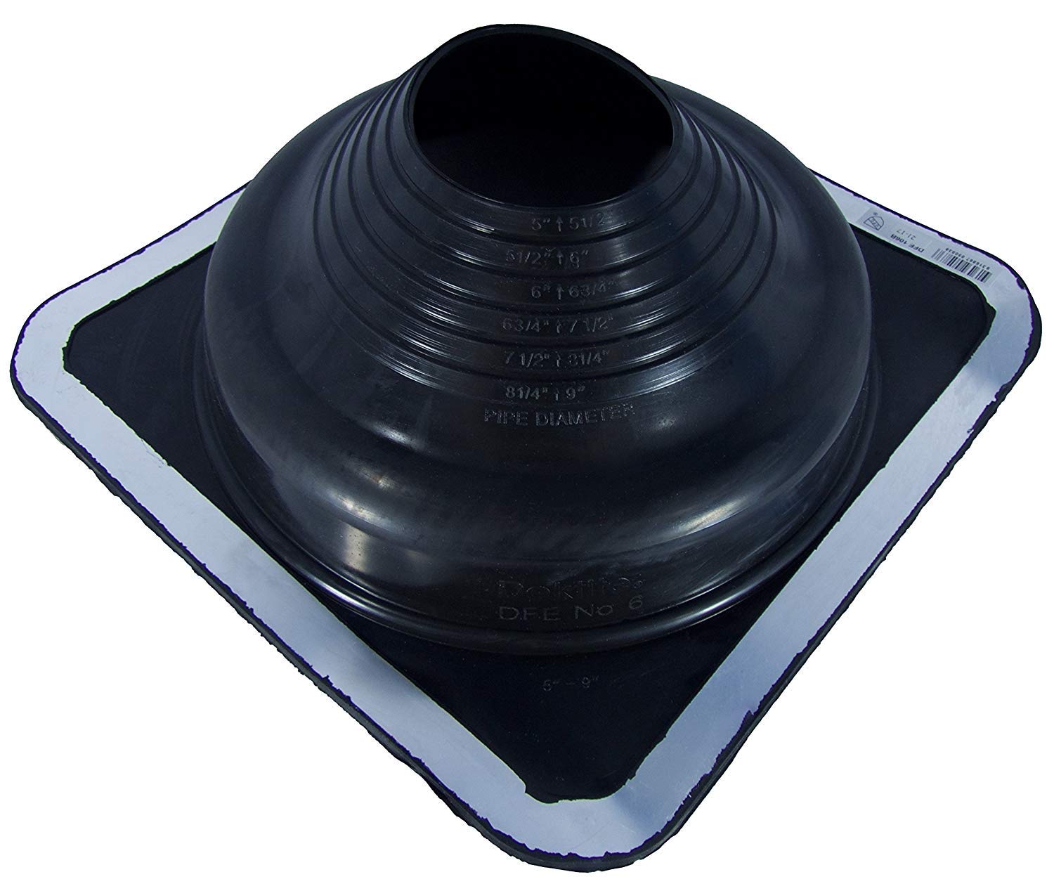 DEKTITE #6 (DFE106B) SQUARE BLACK EPDM Flexible Pipe Flashing (Roof Jack, Pipe Boot Flashing) Dektite for OD pipe sizes 5" - 9"