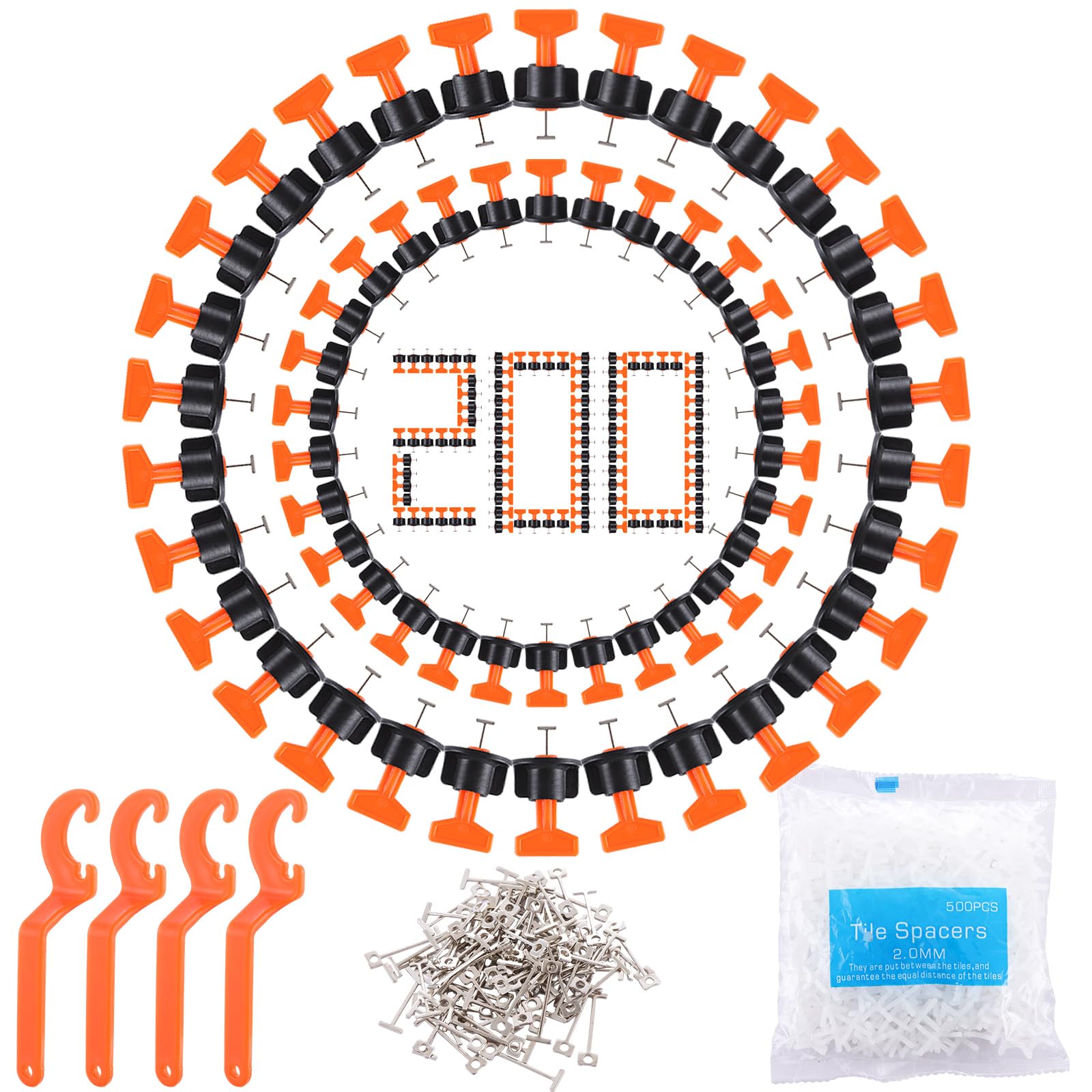 AHAQU Tile Leveling System, 200PCS Reusable Tile Leveler Spacers with 4 Special Wrench, 100PCS T Needle and 500PCS 2mm Tiles Spacers, Tiles Installation Tool Kit for Building Walls and Floors