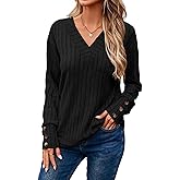 Dokotoo Womens Soft Long Sleeve V Neck Shirts Solid Casual Decorative Buttons Knitted Pullover Tunic Tops