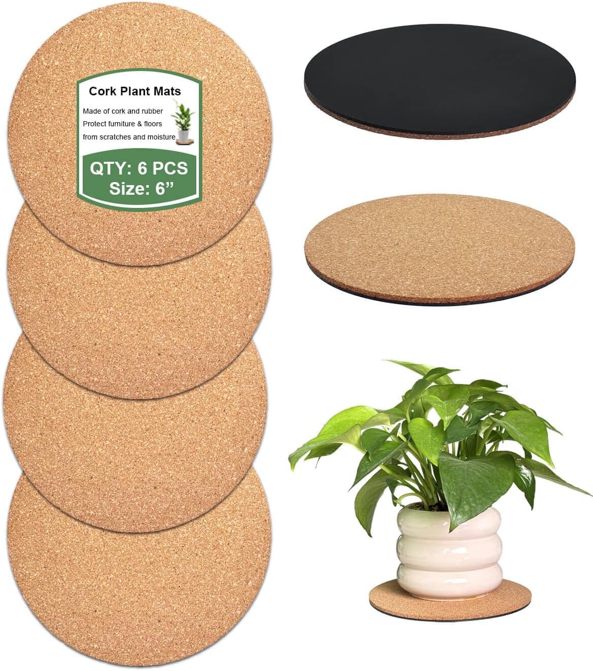 vensovo Cork Plant Coasters & Saucers 15.2 CM – Absorbent Round Mats for Indoor Flower Pots, Planters, House plants, Surface Protector for Table & Floor – 6 Pcs — image 1