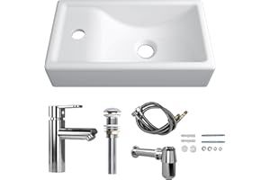 MEJE 16-Inch Wall Hung Basin Sink Combo, Small Cloakroom Basin, Rectangle Ceramic Bathroom Wash Basin - Left Hand Sink Set (I