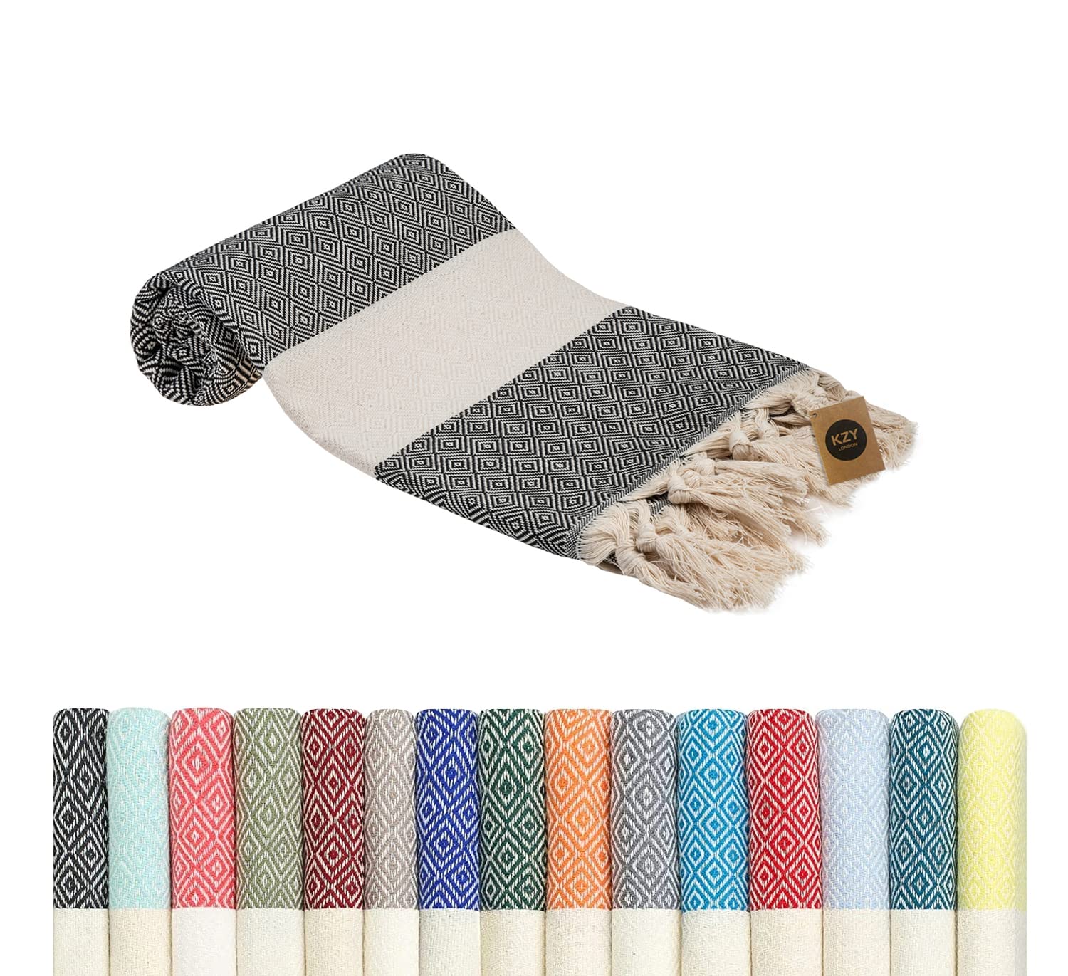 KZY LONDON Beach Towel - Large Turkish Beach Towels for Camping, Swimming, Bath, Gym, Picnic - Quick Dry, Super Absorbent, Lightweight, Compact Cotton Hammam Towels for Adults, Men, Kids (Black, 1)