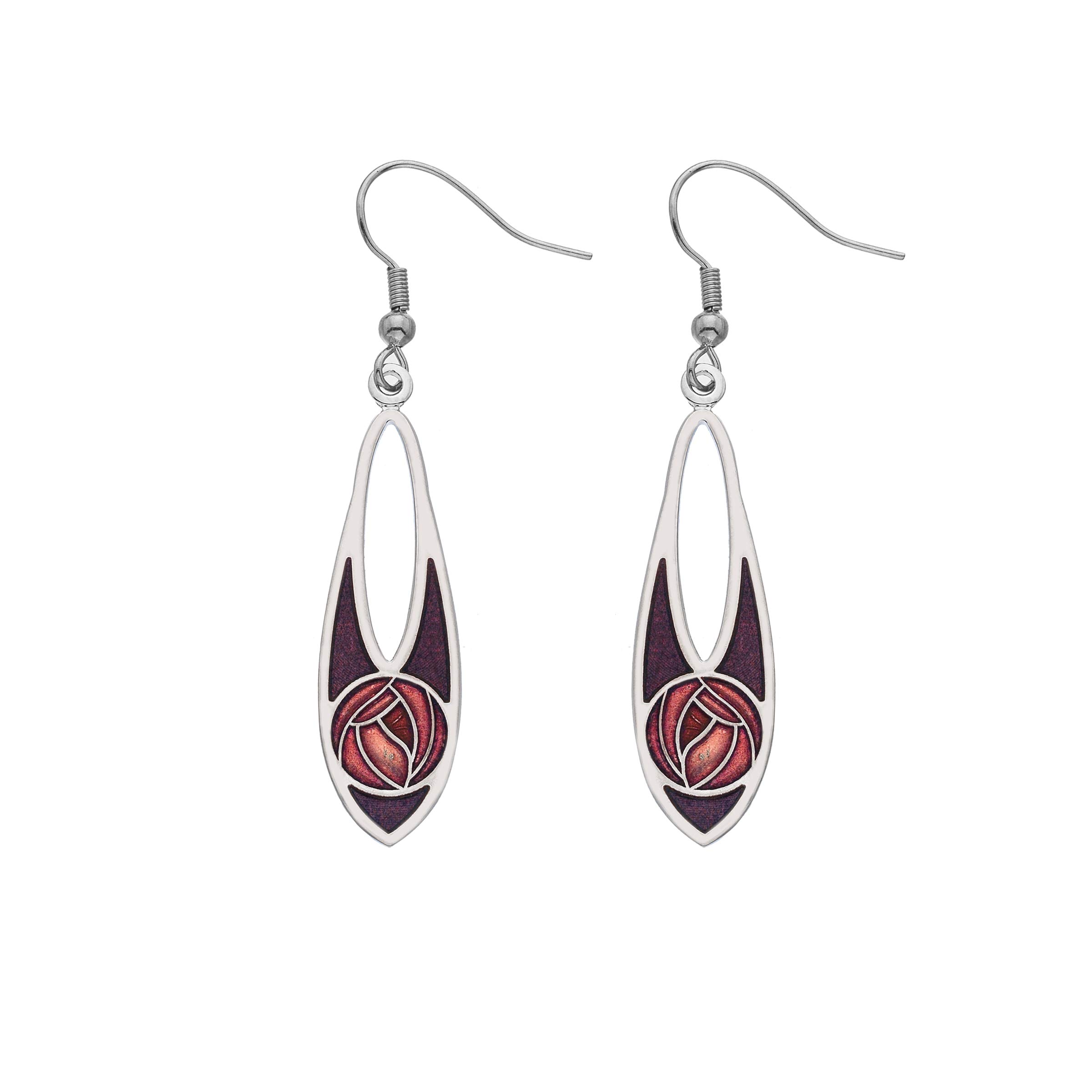 Rennie Mackintosh Inspired Rose, 36mm Teardrop Hook Earrings
