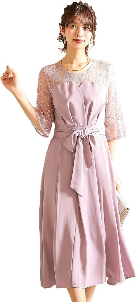 Amazon Co Jp ファッションレター Fashionletter レース切替えウエストリボン フレアスカート ワンピース 結婚式 お呼ばれパーティードレス 服 ファッション小物