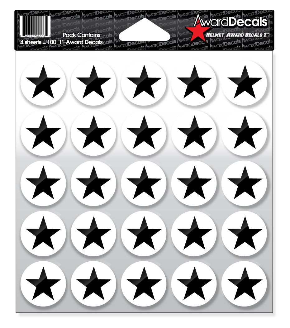 Photo 1 of Award Decals Star (Black on White) (100 Decals) 1" The Original Award Decals Premium 20mil Thick Helmet Decals Made in The USA Since 1976