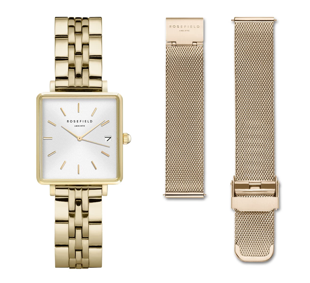 Rosefield Women's Watch The Boxy: Gold Gift Set with White Dial and 2 Straps - BMWMG-X240