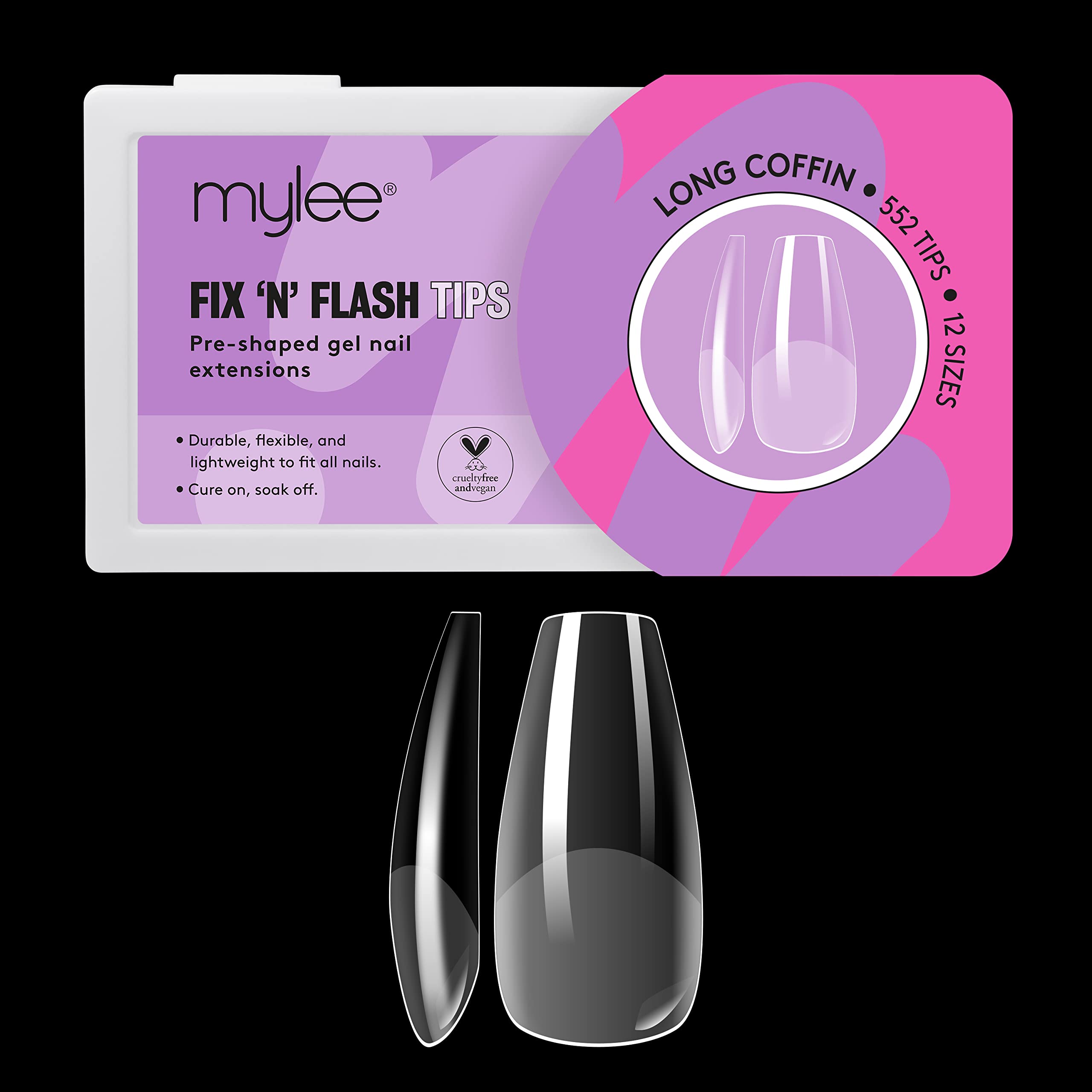 Mylee Fix N Flash Soft Gel Tips - Long Coffin - 552 PCS, Full Cover Soft Gel Nail Tips, Nail Art Extensions, Flexible & Resistant, 12 Different Sizes, Fit All Nails — image 1