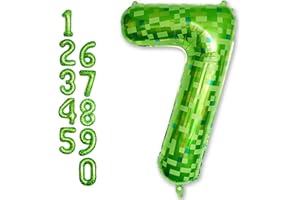 FROOVA 40 Inch Green Pixel Number 7 Balloon for Kids 7th Birthday Decorations, Large Dark Kelly Lime Green Self Inflating Foil Seven Balloon Number for Boys Birthday Video Game Patrick's Day Party Supplies