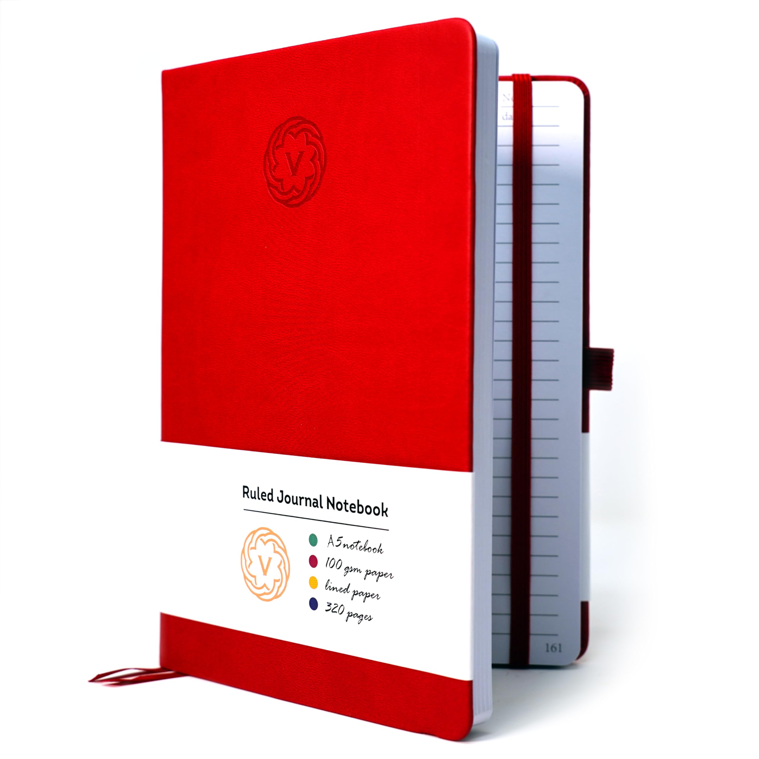 VABE UK A5 Journal Notebook Lined Notepad 320 Pages - 100gsm Hardcover Writing Notebook, Classic Casebound Lined Journal with Elastic Closure, Inner Pocket, Pen Loop & Sticky Notes (A5, Red)