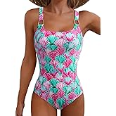Herseas Women's Metal Ring Wide Straps One Piece Swimsuit Floral Print Tummy Control Bathing Suit