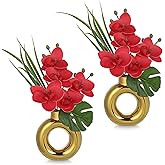 Briful Fake Orchid Flowers with Gold Pot 2PCS Red Orchid Silk Flowers Arrangement Artificial Orchid Plants for Home Office Room Kitchen Shelf Table Decor