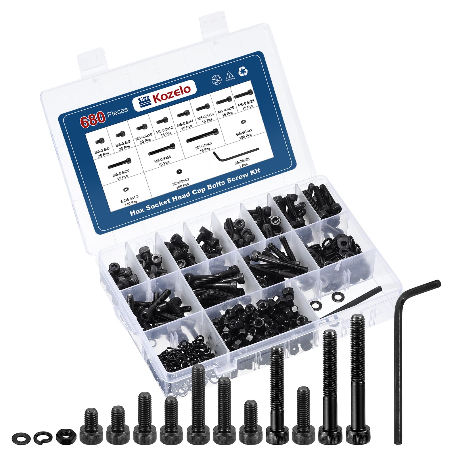 Kozelo 680pcs M5 Socket Head Cap Screws Bolts Nuts Kit - [M5x6/8/10/12/14/16/20/25/30/35/40mm] Alloy Steel Black Oxide 12.9 Internal Hex Screw for 3D Printer Use, with Wrench — image 1