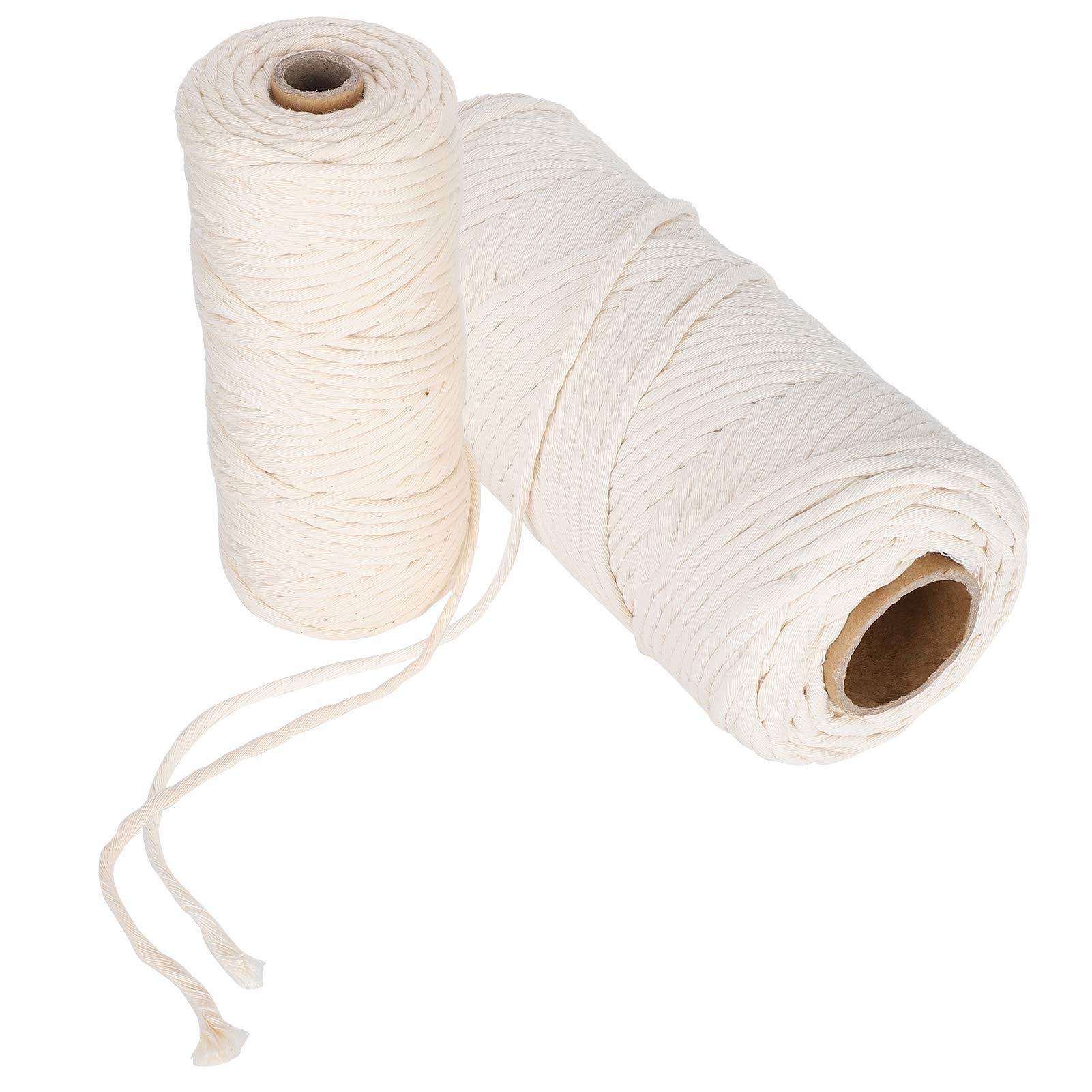 2Pcs Macrame Cotton Cord, 100M 3mm 4mm White Single Strand Twisted String Cotton Yarn DIY Craft Knitting Strand Craft Thread for DIY Crafts Knitting Plant Hanger Christmas Wedding