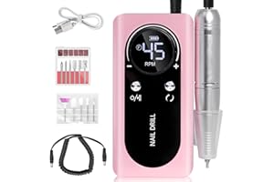 FLRONGSUN Electric 45000RPM Nail Drill Machine Rechargeable Portable Nail File Electric DIY Nail Drill Kit with Smart LCD Screen for Gel Nail Manicure and Pedicure Reflective Body etc(Pink)