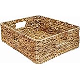 Rectangular Water Hyacinth Storage Baskets, Wicker Storage Baskets for Shelves, Square Shallow Basket, Woven Drawer Basket With Handle, 15.2” L x 12” W x 4.7” H