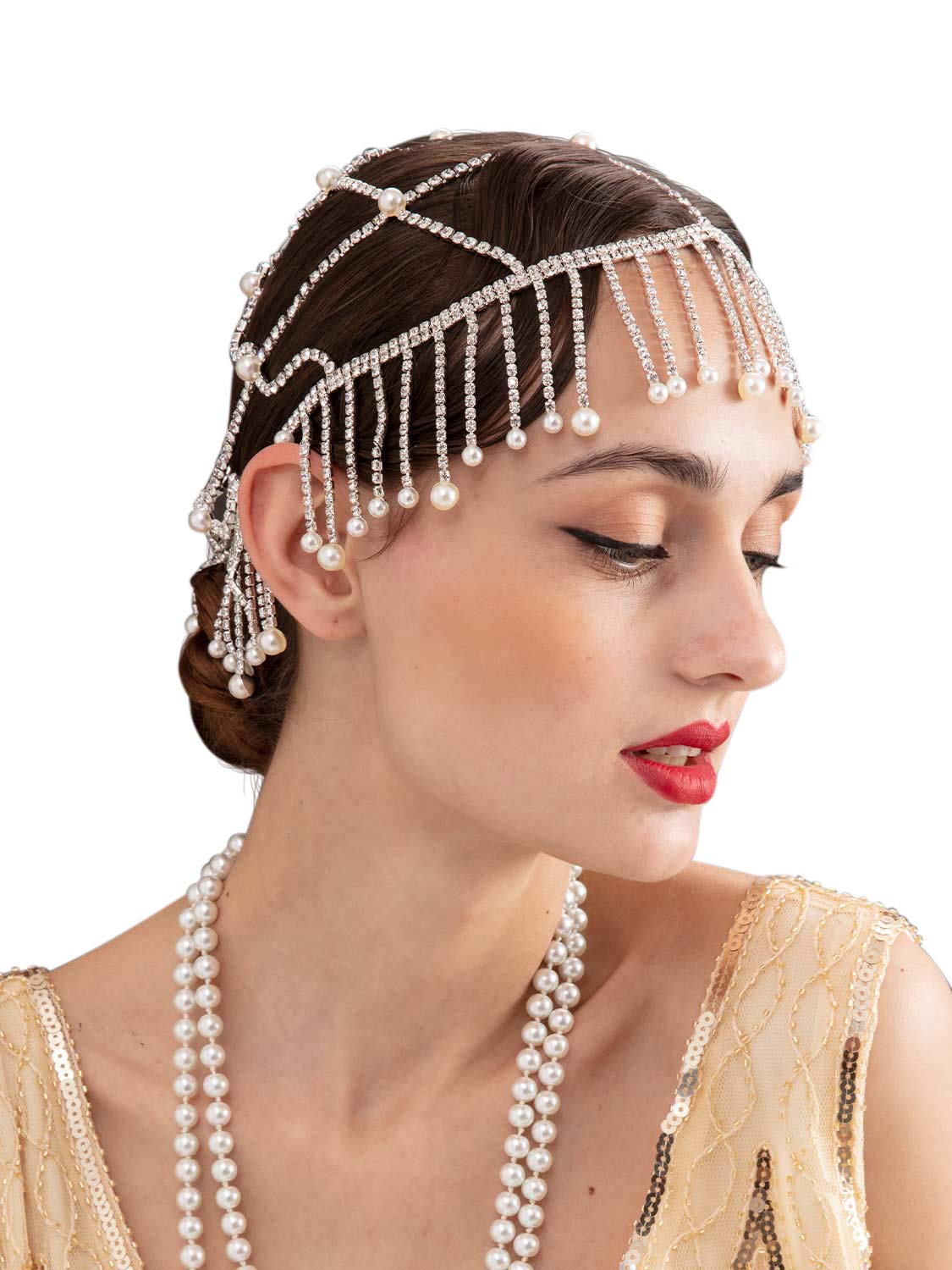 SWEETV Silver 1920s Headpiece Rhinestone - Flapper Headband Beaded Cap Art Decor 20s Accessories for The Great Gatsby Party