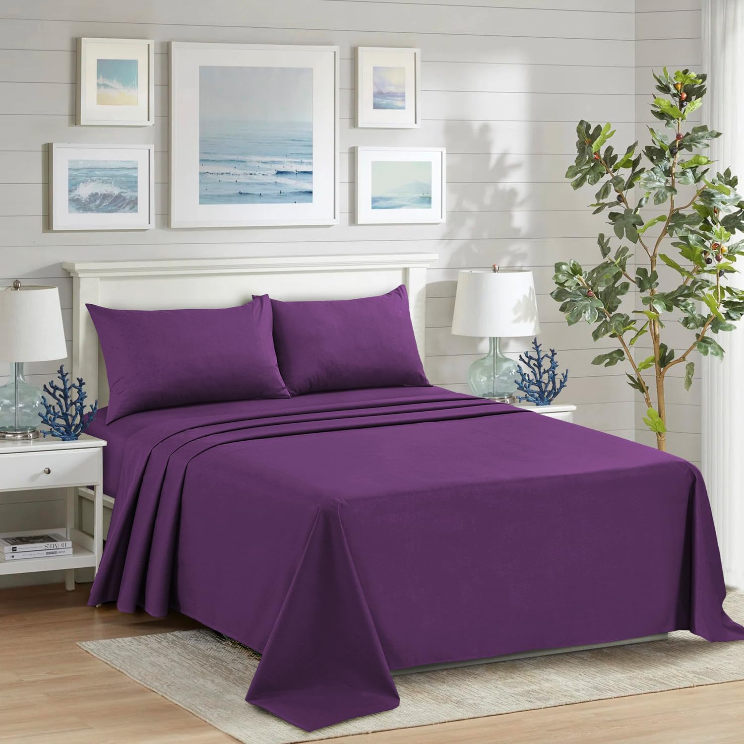 CHARKHAH Polycotton Flat Sheets with Single Double King Size Bed Ultra Soft Plain Top Sheet Dyed in Trendy Colors Hotel Collection Sheets Ideal for Winter & Summer Bedding (Plum, Double)