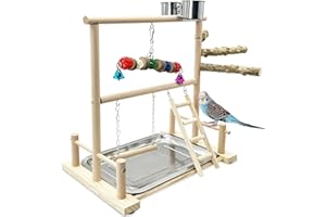 kathson Bird Playground Parrot Perch Stand Toys, Birds Wood Play Gym Activity Center Exercise Playpen Ladder Swing with Feeder Cups Chewing Toy(Include a Tray)
