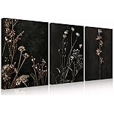 QMWIDKL 3Pcs Black Moody Floral Canvas Wall Art Dark Wildflower Wall Decor Modern Minimalist Botanical Pictures Prints Large paintings for living room bedroom office Ready to hang(12x16inch)