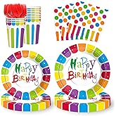 Bzhouyy 125 Pcs Rainbow Happy Birthday Party Supplies - Disposable Dinnerware with Plates, Cups, Napkins,Colorful Polka Dot Tableware, for Birthday, Baby Shower & Rainbow Themed Parties, Serves 25