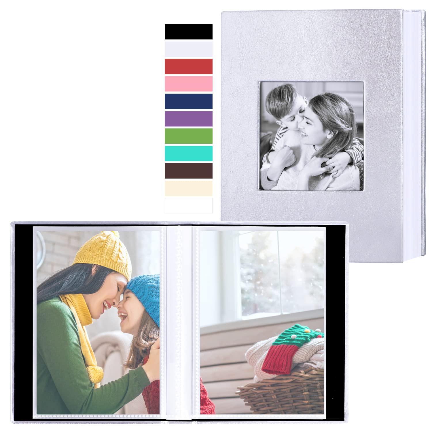 Benjia Small Photo Album 6x4 2 Packs, Each Pack Holds 50 Pockets, Slip In Mini Leather Top Loading Photo Albums Holds Portrait Only 10x15cm Picture Silver