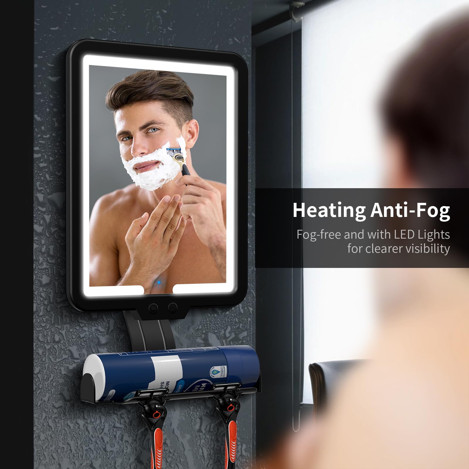 Lighted Shower Mirror Fogless for Shaving, Heated Fog Free Large 9.5*7inch 3 Color Modes Dimming Shower Shaving Mirror with Light, Rechargeable Anti-Fog Shower Mirror with Storage Tray & Razor Holders