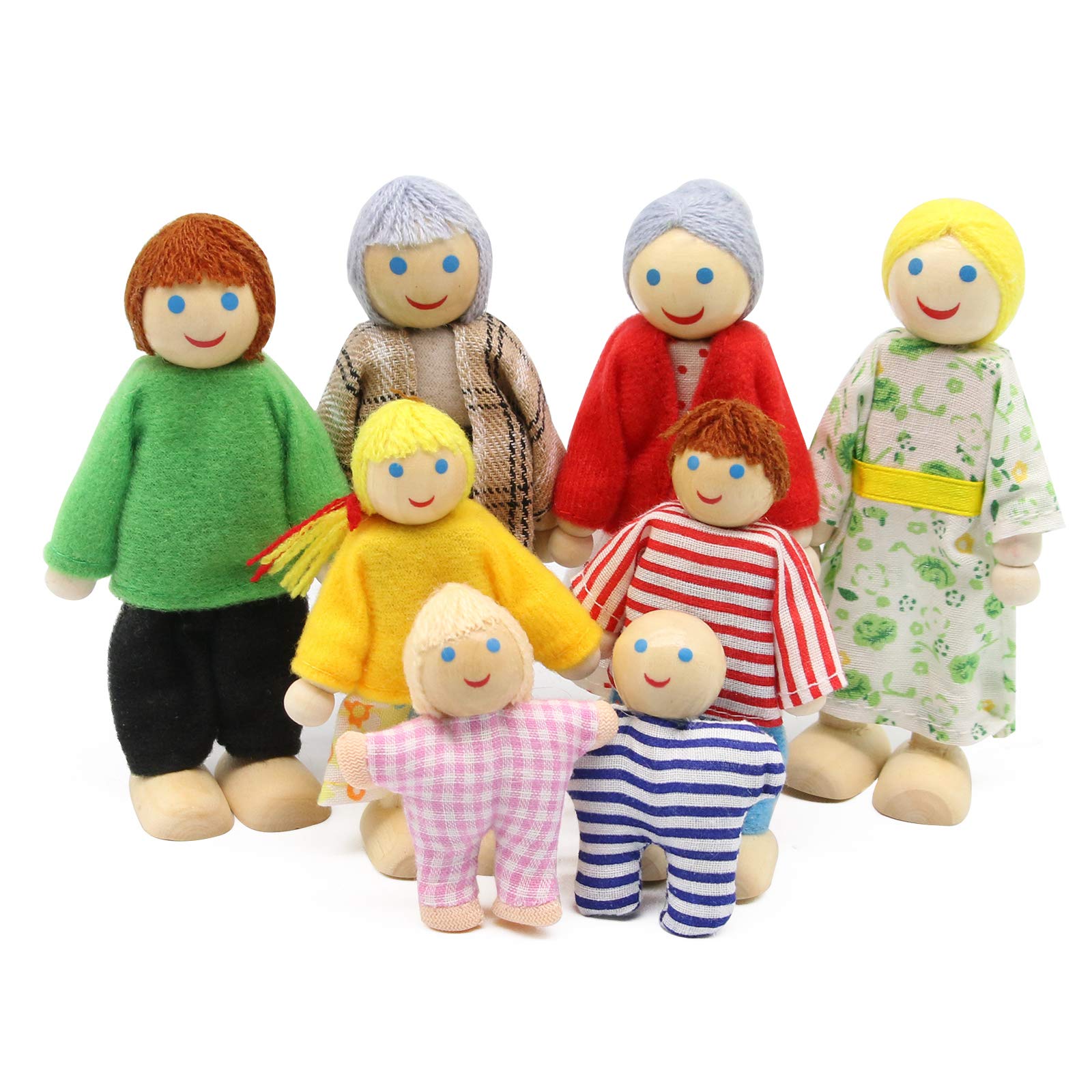Wagoog Wooden Family Dolls Set of 8 Small People Figures for Dolls House Furniture Accessories