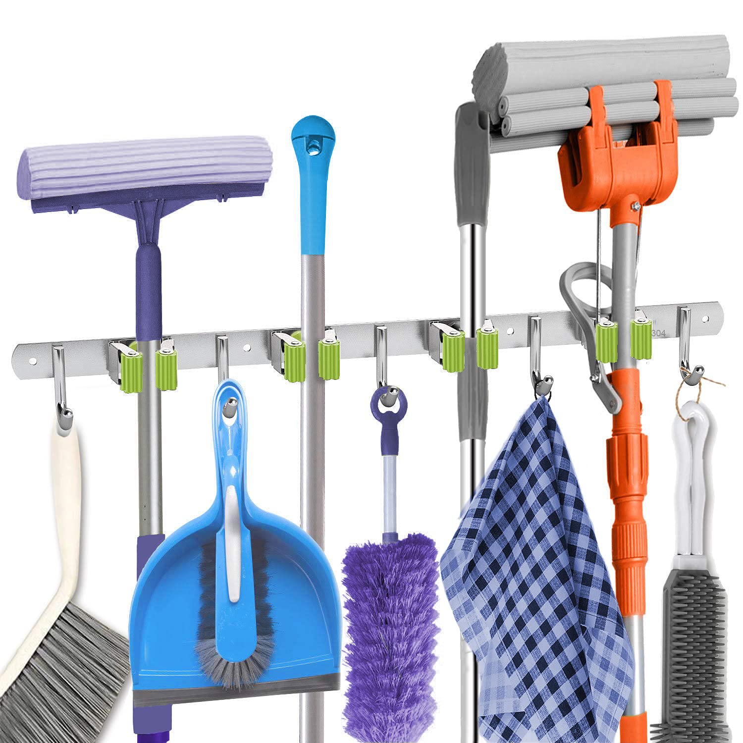 FENOMO Broom Holder, Broom Holder Wall Mounted Stainless Steel Broom Holder Self Adhesive Heavy Duty Hooks Storage Organizer with 4 Racks 5 Hooks for Home Laundry Room Garden Garage Closet