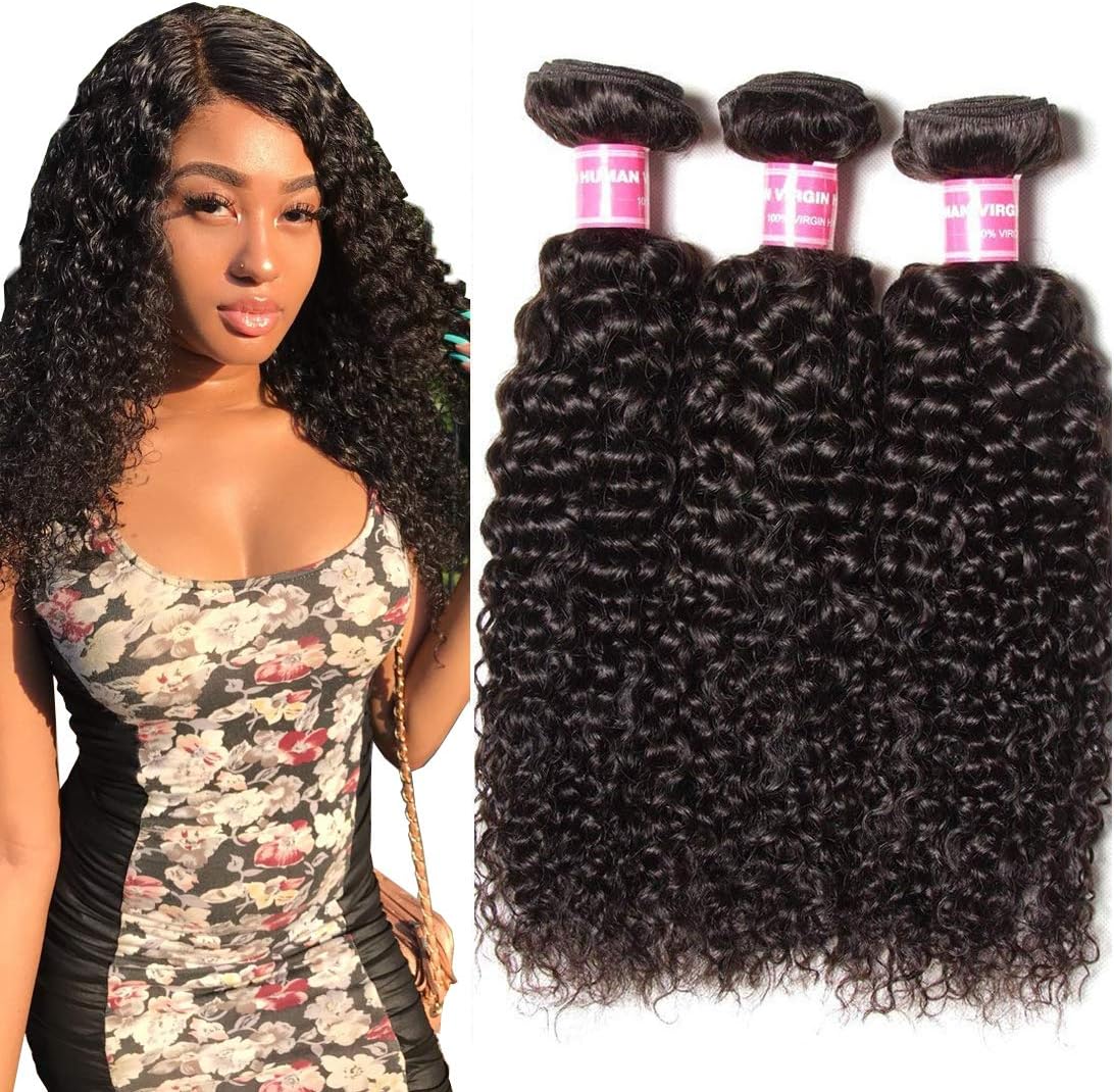Dinoce Compatible with Longqi Beauty 10A Peruvian Curly Hair 3 Bundles, Remy Human Virgin Hair Jerry Curly Unprocessed Hair Weave 3pcs Set 300g for Full Head Natural Color (10 12 14 Inches)