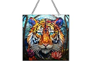 WQVSHRO Stained Acrylic Window Hangings Ornament Tiger/Bear/Elephant/Steed Acrylic Art Wall Decor Animal Colorful Panel Hanging for Animal Lover, Home Office Decor (5.9'',Tiger)