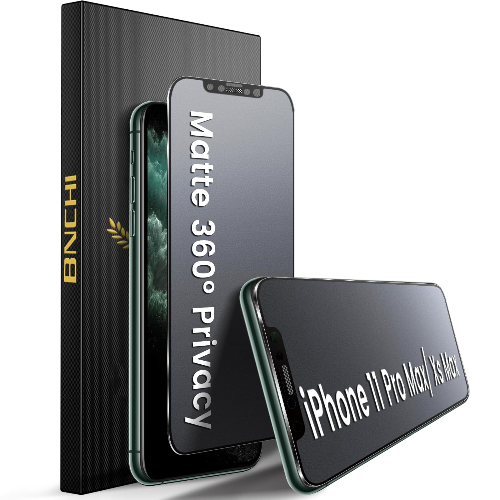 Photo 1 of BNCHI 2 Pack for iPhone 11 Pro Max/Xs Max 360° Privacy Matte Screen Protector, Horizontal and Vertical All Around Anti-Spy 9H Tempered Glass Film, Anti-Glare, Smooth as Silk, Scratch Resistant