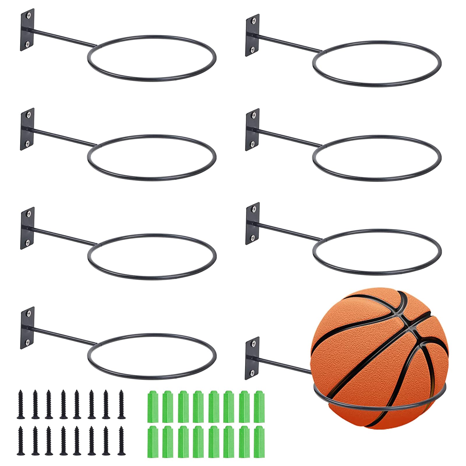 SVUPUE Ball Holder, Mounted Ball Wall, Wall Mount Ball Holder, with 16 Screws and 16 Expansion Tubes, Universal Ball Rack for Basketball Football and Rugby, 8 Pack,Black