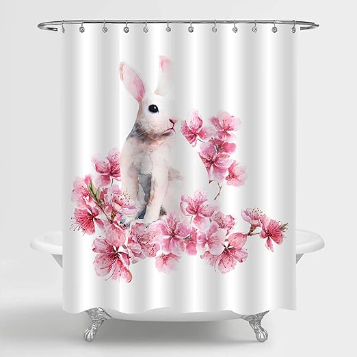 Amazon Com Mitovilla Watercolor Easter Bunny With Cherry Blossom Shower Curtain Set For Shower Bathtub Spring Cute Rabbit Illustration Cute Animal Bathroom Accessories Shower Hooks Included Pink 72 W X 72 L Home