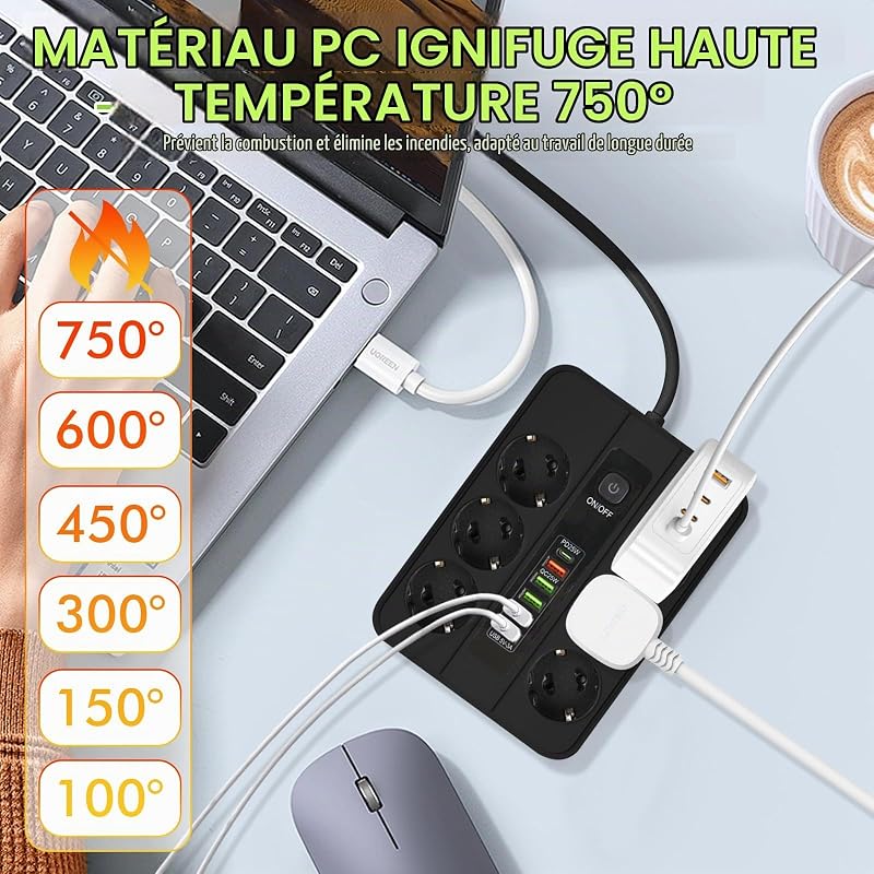 Multiprise USB-C noir : cuivre ABS USB multiprise 2 m avec 5 ports USB A et 1 port de charge rapide de type C, charge rapide, multiprise pour la maison, le bureau et le salon, noir — photo 4 sur 7