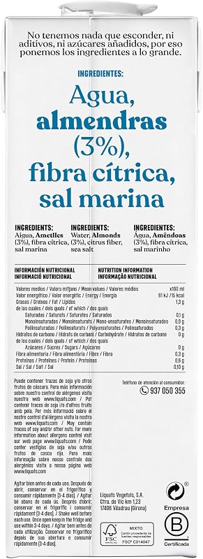 Bebida Vegetal de Almendras Sin Azúcar, pack de 6 x 1L