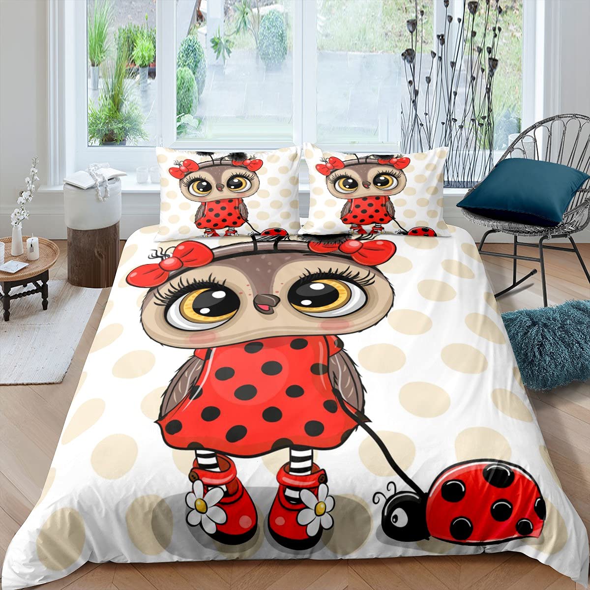 richhome Animal Bedding Set 3 pieces, Lovely Owl Cartoon Ladybug Insect Comforter Cover for Boys Girls, Ultra Soft Bedspread Bedroom Decor Quilt Cover Double Size,Red White