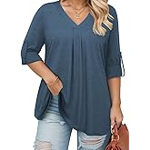 VISLILY Womens-Plus-Size-Dressy-Tops Casual V Neck T Shirts Cute Buttons Roll Up 3/4 Sleeves Tunics Flowy Pleated Blouses