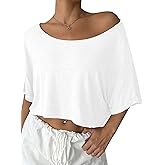 Remidoo Womens Off The Shoulder Tops Short Sleeve Crop Top Asymmetrical Neck T Shirt