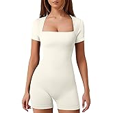 YIOIOIO Women's Short Sleeve Yoga Romper Seamless Ribbed Bodycon One Piece Square Neck Jumpsuit