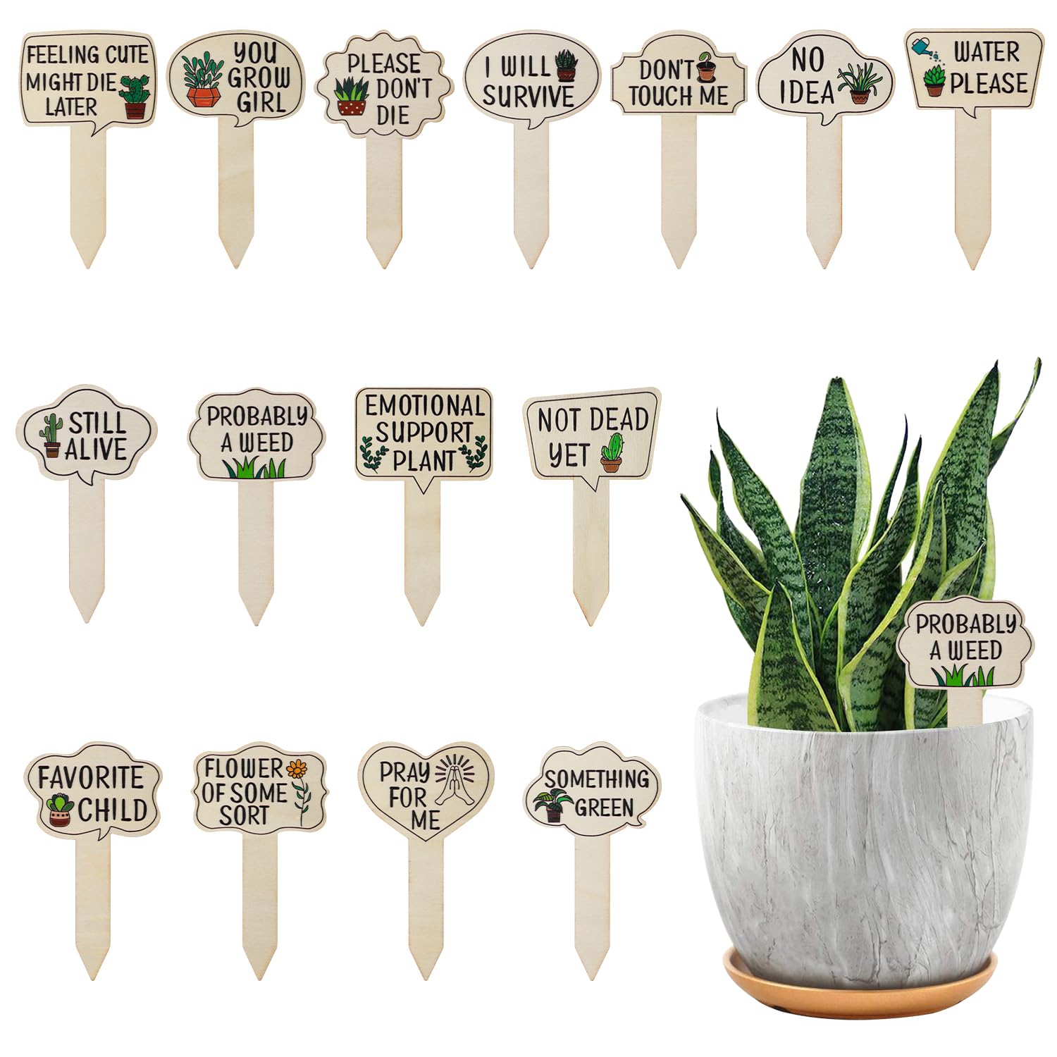 15pcs Plant Markers, Wooden Plant Labels Funny Plant Signs Stake, Interesting Words & Cute Patterns Tags Labels for Outdoor Indoor Patio Supplies Novelty Gifts