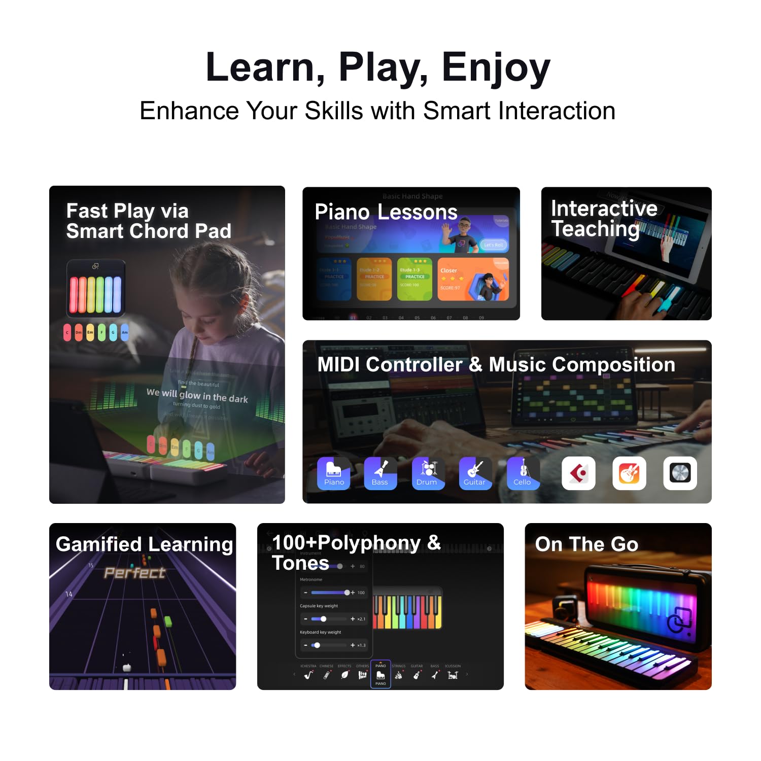 PopuPiano Portable Smart Piano Keyboard with Rainbow Light Keys, Interactive Lessons, MIDI, Expandable Keys, 100+ Chords, 256+ Tones, Visual Game Exercises - for Phone/PC/Tablet/Speaker