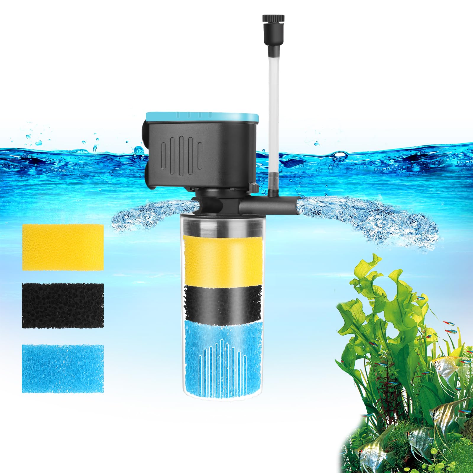 Photo 1 of Devopet Aquarium Filter 3-Stage in-Tank Filter, Small Internal Fish Tank Filter, Submersible Pumps Filter for 5-20 Gallon Tanks, Turtle Tank Filter, with Dual Water Outlet & Aeration